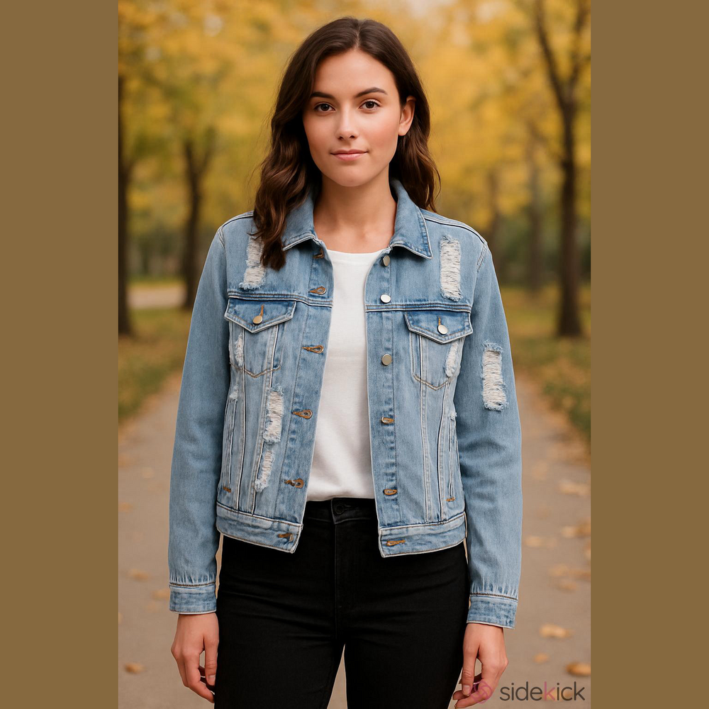 Women's Love Tree Distressed Light Blue Denim Jean Jacket M